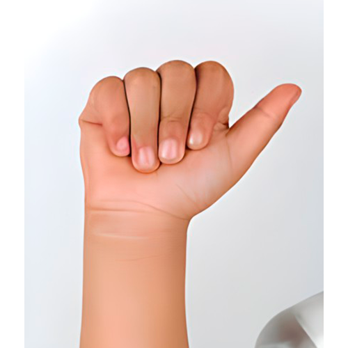 Con la mano cerrada, se muestran las uñas y se estira el dedo pulgar 
                hacia un lado. La palma mira al frente.