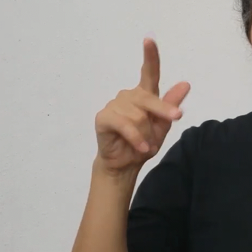 Se cierra la mano con los dedos índice, medio
                      y pulgar estirados. La yema del pulgar se
                      pone entre el índice y el medio. Se mueve la
                      muñeca hacia arriba.