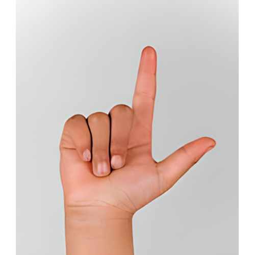 >Con la mano cerrada y los dedos índice y
                pulgar estirados, se forma una l. La palma
                mira al frente.