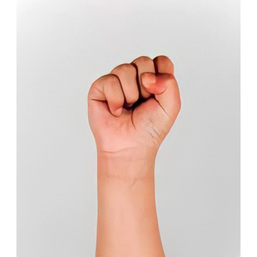 Con la mano cerrada, se pone el pulgar sobre
                los otros dedos. La palma mira al frente.