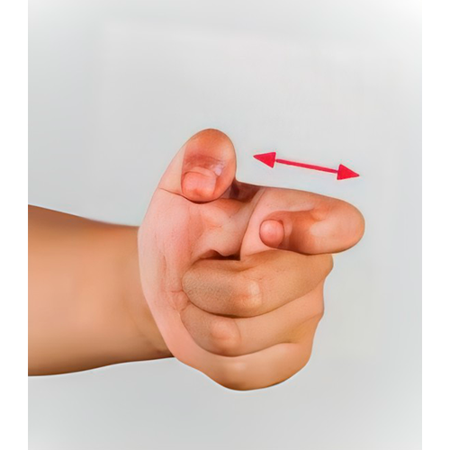 Con la mano cerrada, el índice y el pulgar
                      en posición de garra y la palma dirigida a un
                      lado, se realiza un movimiento al frente y de
                      regreso.