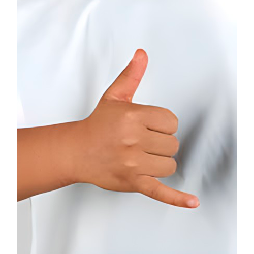 Con la mano cerrada, se estira el meñique
                y el pulgar. La palma mira hacia usted.