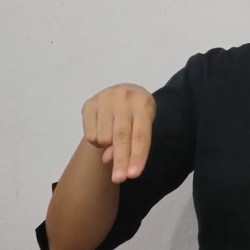 Con la mano cerrada, se ponen los dedos
                      índice y medio sobre el pulgar. Se mueve la
                      muñeca a los lados.