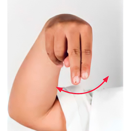 Con la mano cerrada, se ponen los dedos
                      índice y medio sobre el pulgar. Se mueve la
                      muñeca a los lados.