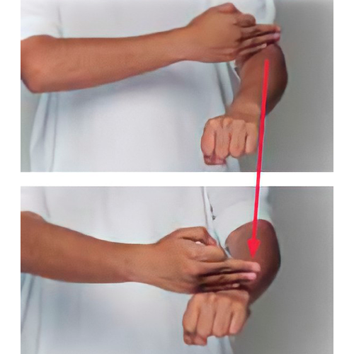 Se hace una letra f sobre el dorso del
                        antebrazo, tocándolo con la parte lateral
                        del meñique, y se mueve en línea recta a la
                        muñeca.