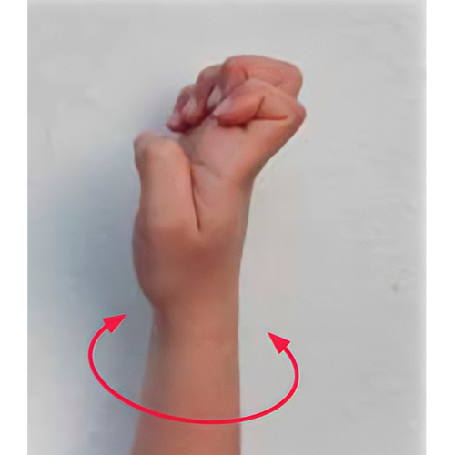 Se hace una letra e, y se rota la muñeca a los
                        lados.