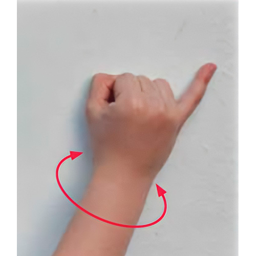 Se hace una letra i, y se rota la muñeca a los
                        lados.